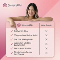 Silverette® Nursing Cups in silver, designed for breastfeeding comfort, shown in a close-up image highlighting their smooth, polished surface.