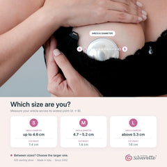 Silverette size chart: measure your areola across its widest point. Small up to 4.6cm, Medium 4.7 to 5.2cm, Large above 5.3cm. Between sizes, choose the larger one
