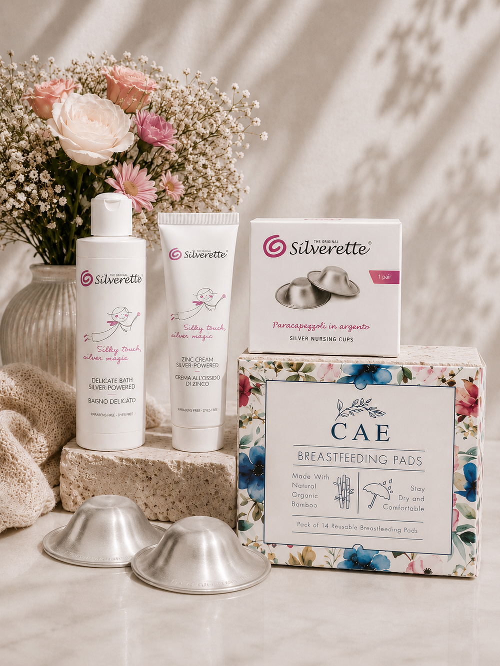 Silverette Welcome Baby Gift Set with silver nursing cups, skincare and bamboo nursing pads