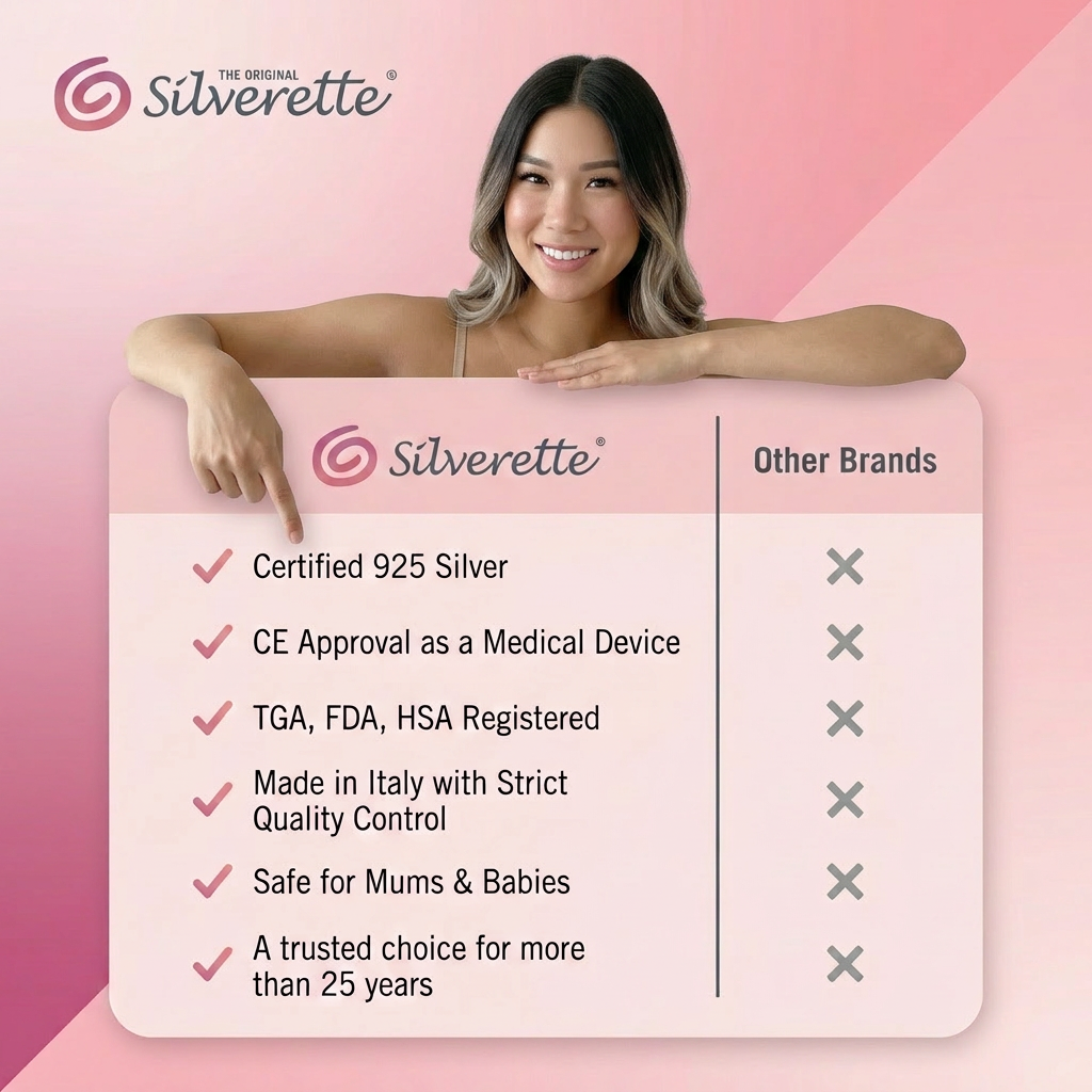 Silverette® Nursing Cups in silver, designed for breastfeeding comfort, shown in a close-up image highlighting their smooth, polished surface.