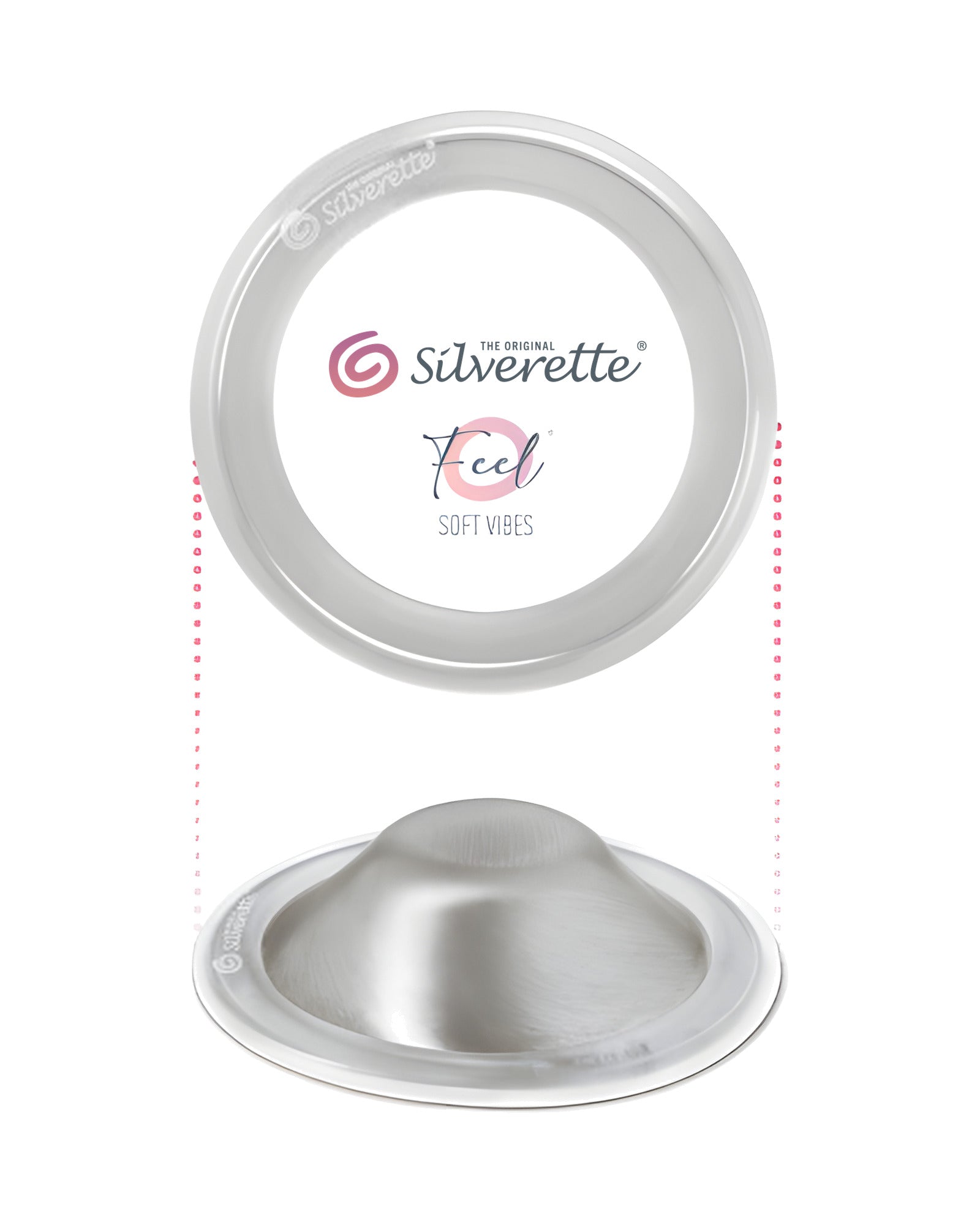 Silverette 925 sterling silver nursing cup with the clear O-Feel Soft Vibes silicone ring that holds it in place