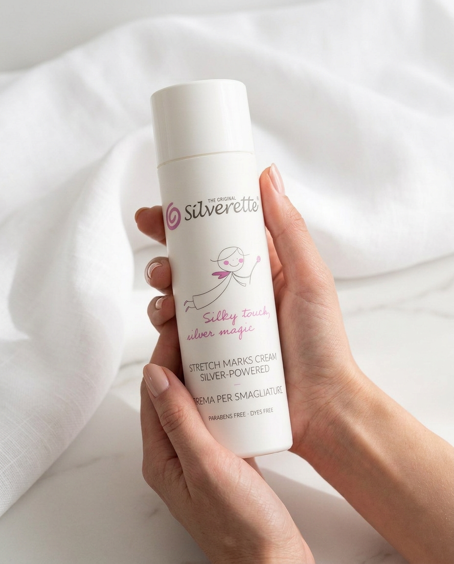 Silverette Silver-Powered Stretch Marks Cream 200ml jar with a light, nourishing texture