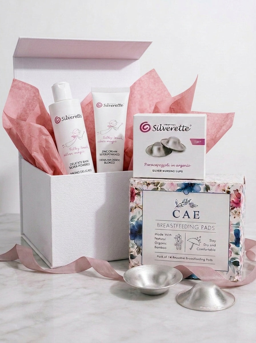 Silverette Welcome Baby Gift Set for new mums, with 925 silver nursing cups and baby care products