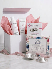 Silverette Welcome Baby Gift Set for new mums, with 925 silver nursing cups and baby care products